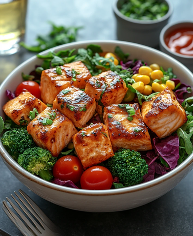 鸡沙拉配鲑鱼和蔬菜