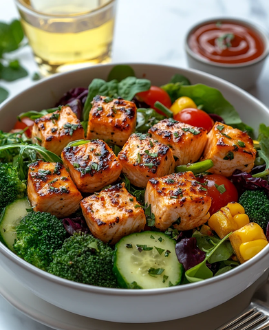 鸡沙拉配鲑鱼和蔬菜