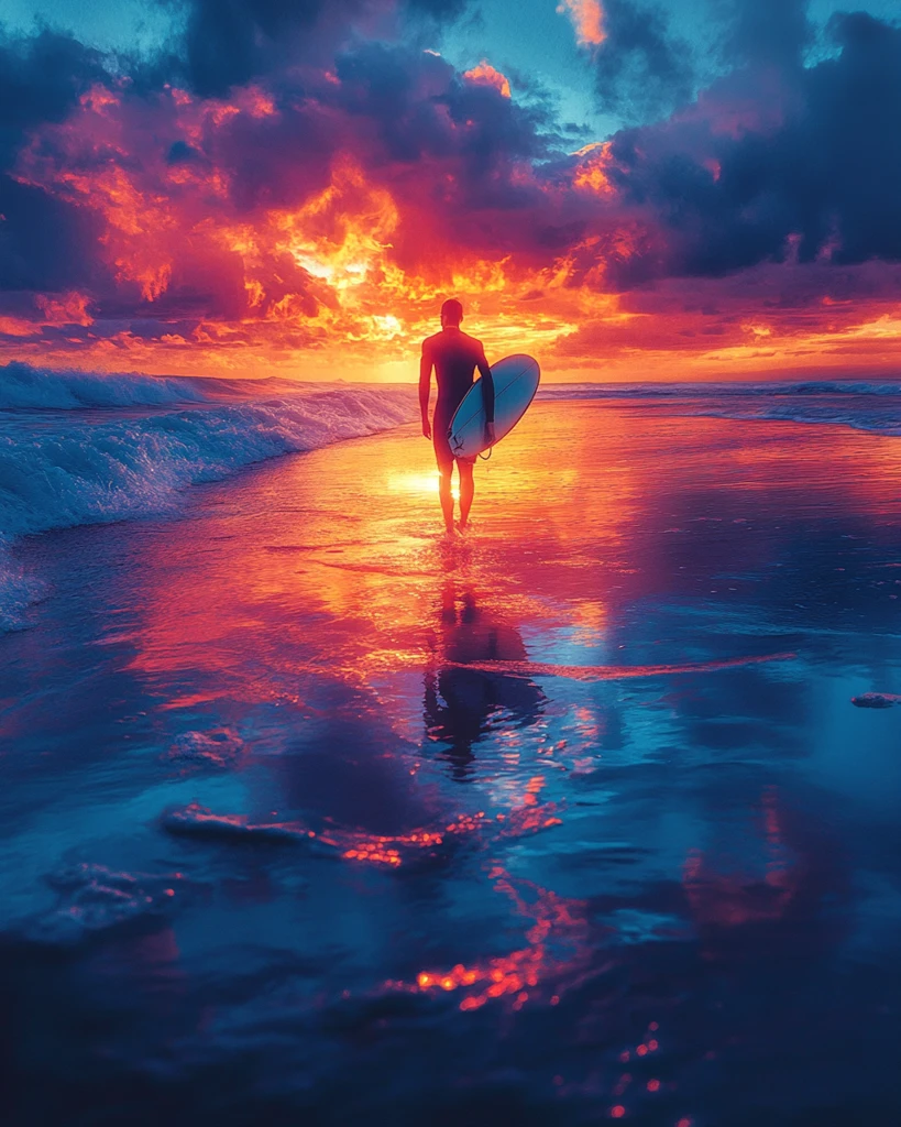 冲浪者与夕阳海景