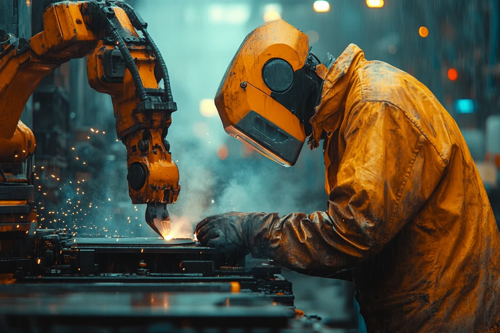 工人焊接机械臂递铁