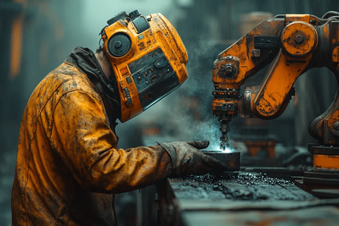 工人焊接机械臂递铁