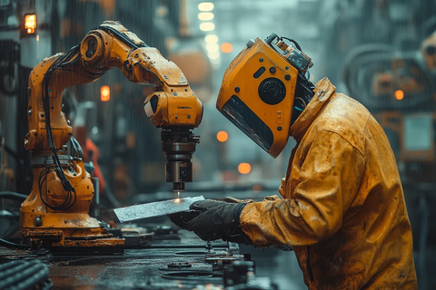 工人焊接机械臂递铁