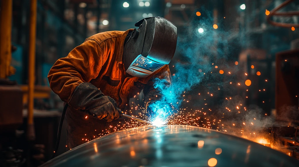 焊接工与金属罐