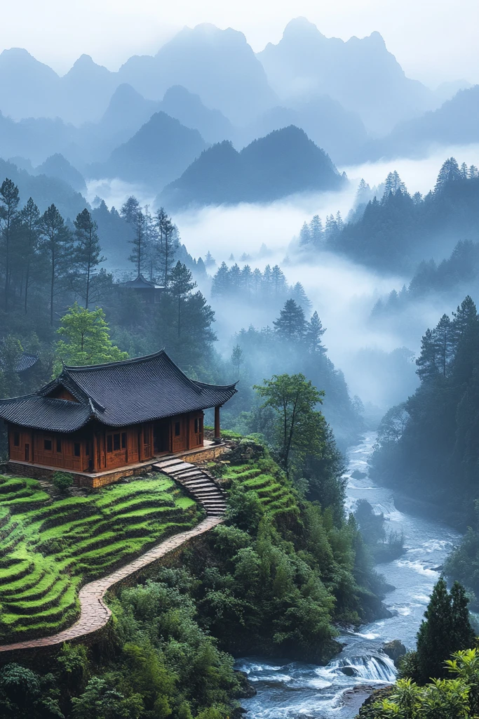 山间云雾绿梯田