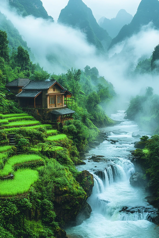 山间云雾绿梯田