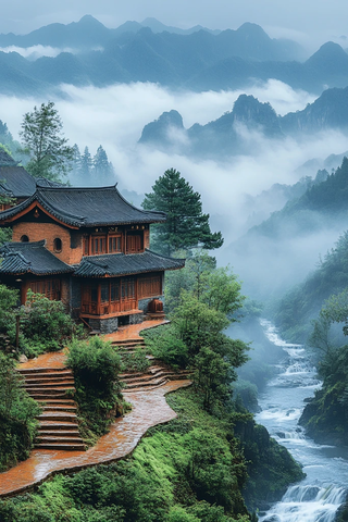 山间云雾绿梯田