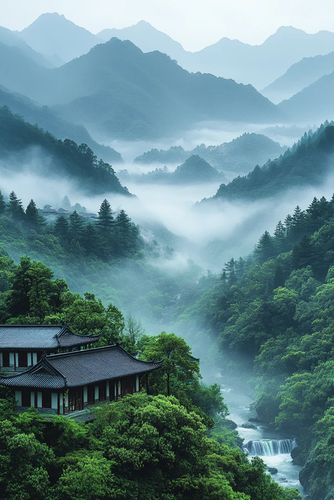 山间云雾绿梯田