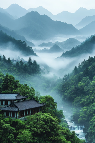 山间云雾绿梯田