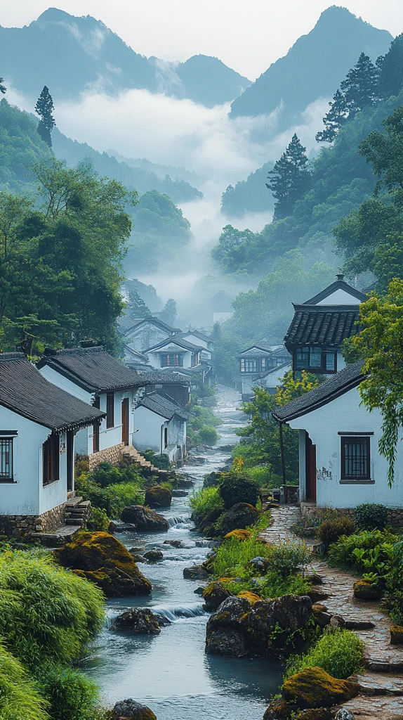 白墙黑瓦村落景