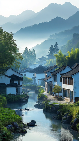 白墙黑瓦村落景