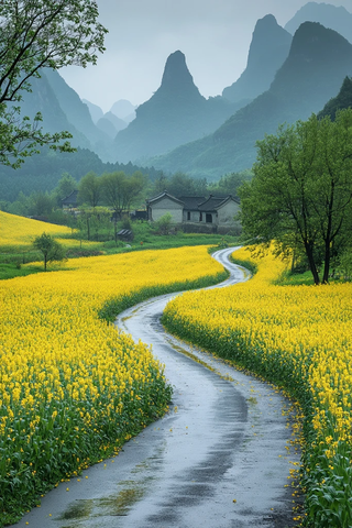 油菜花路树远山