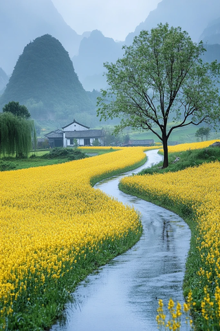 油菜花路树远山