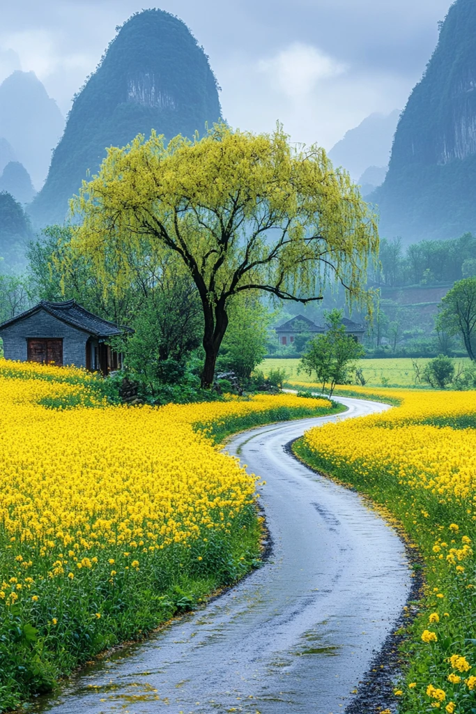 油菜花路树远山