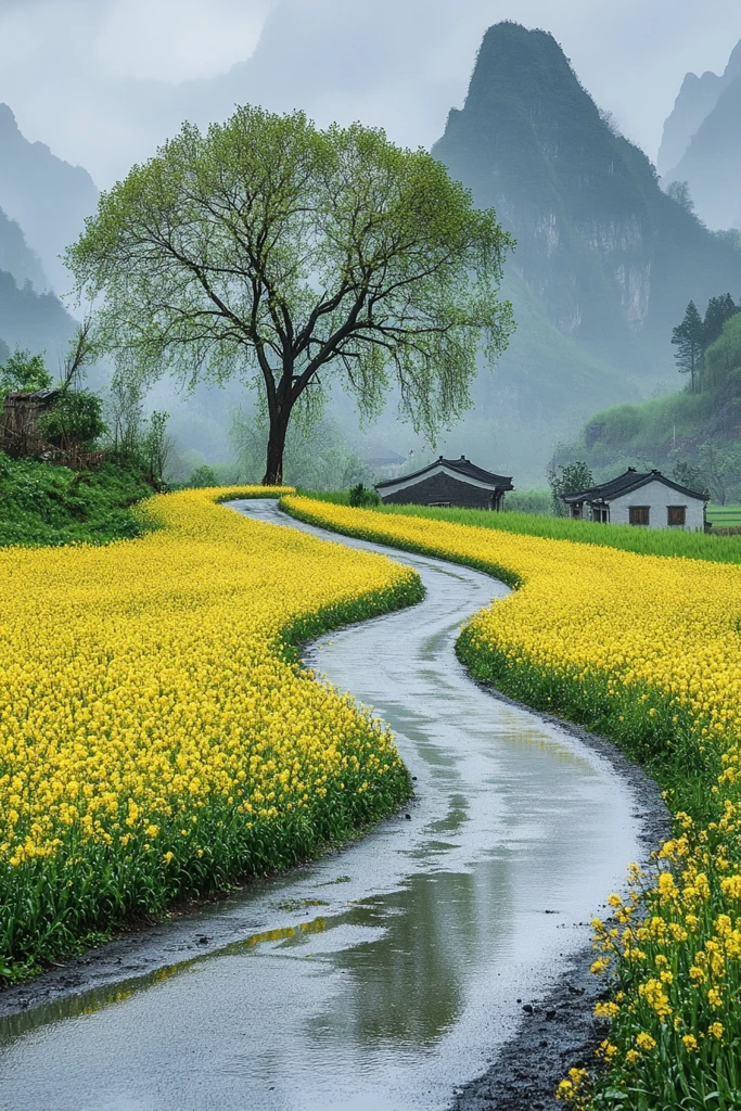 油菜花路树远山