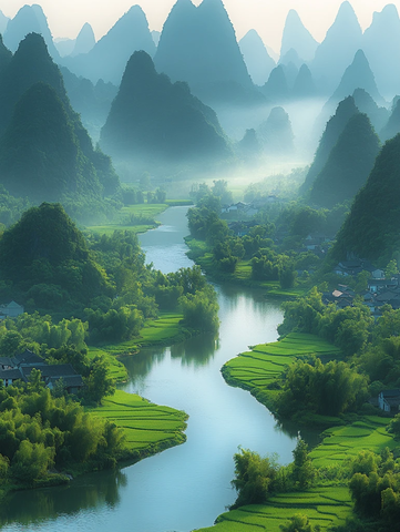 稻田村落山水相映