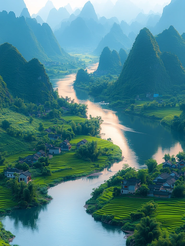 稻田村落山水相映