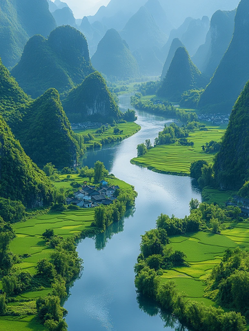 稻田村落山水相映