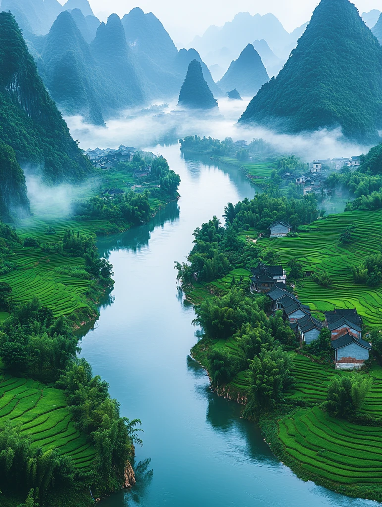 稻田村落山水相映