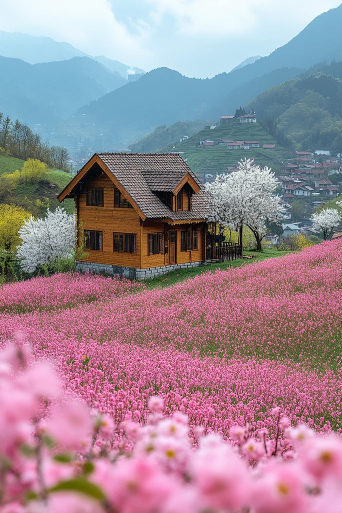 油菜花田中的房屋