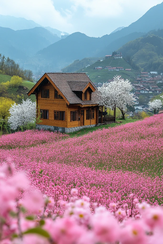油菜花田中的房屋