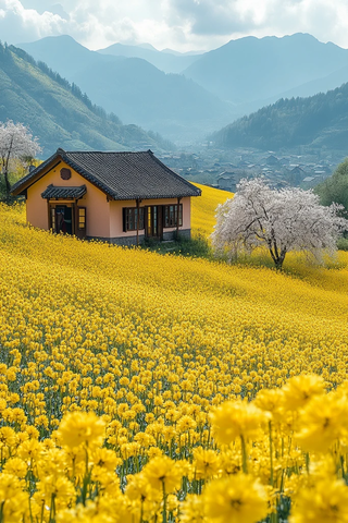 油菜花田中的房屋