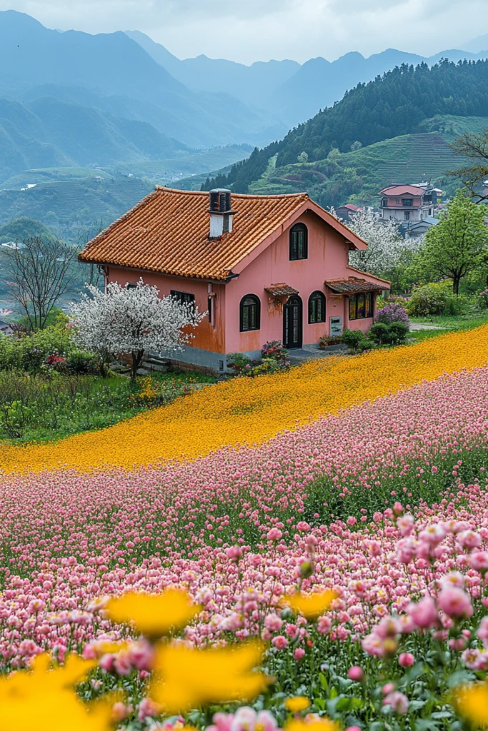 油菜花田中的房屋