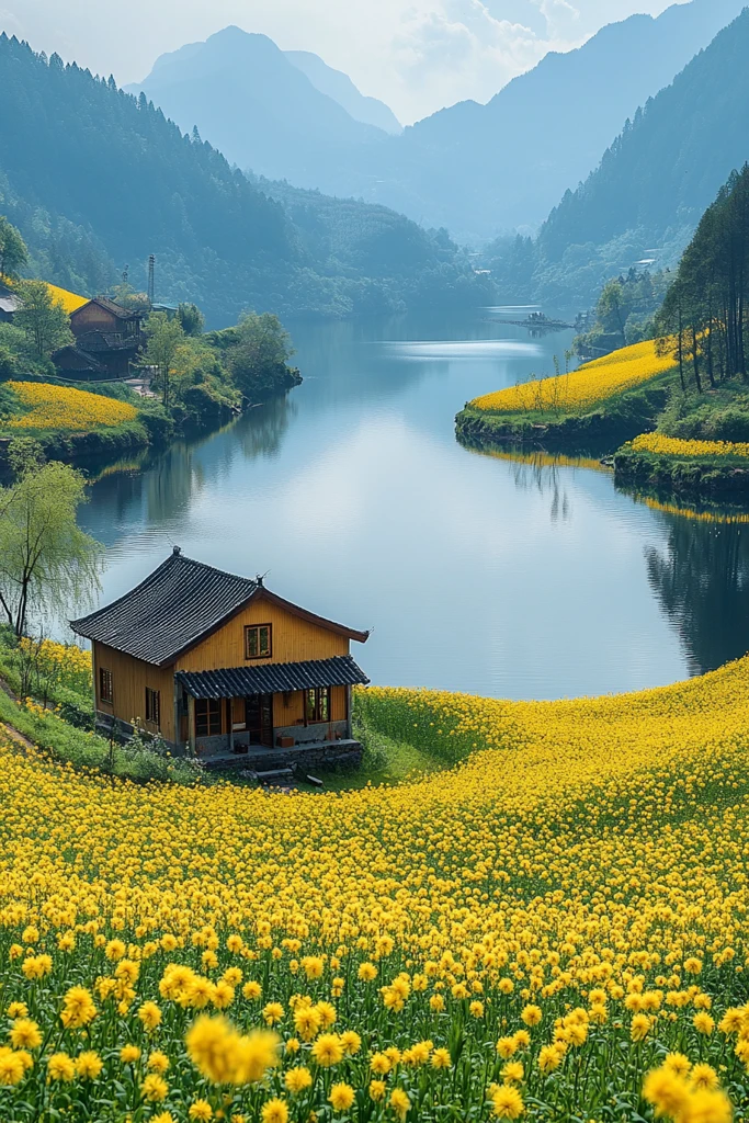 油菜花田村庄风光