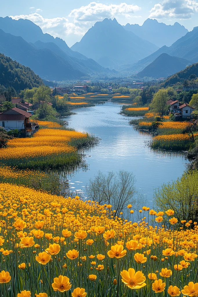 油菜花田村庄风光