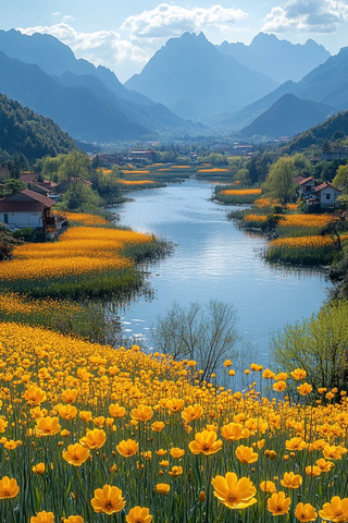 油菜花田村庄风光