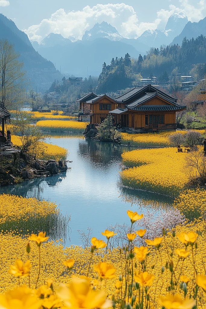 油菜花田村庄风光