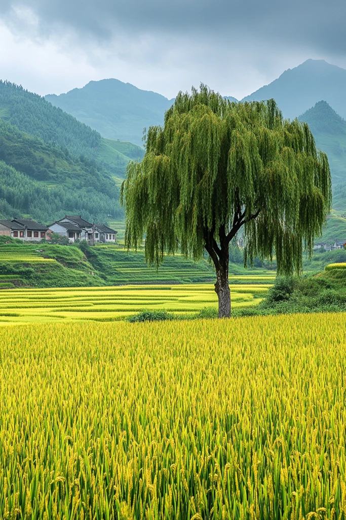 稻田远山柳树