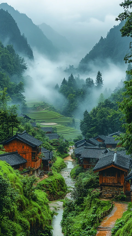 稻田山村云雾缭绕