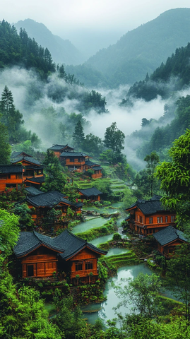 稻田山村云雾缭绕