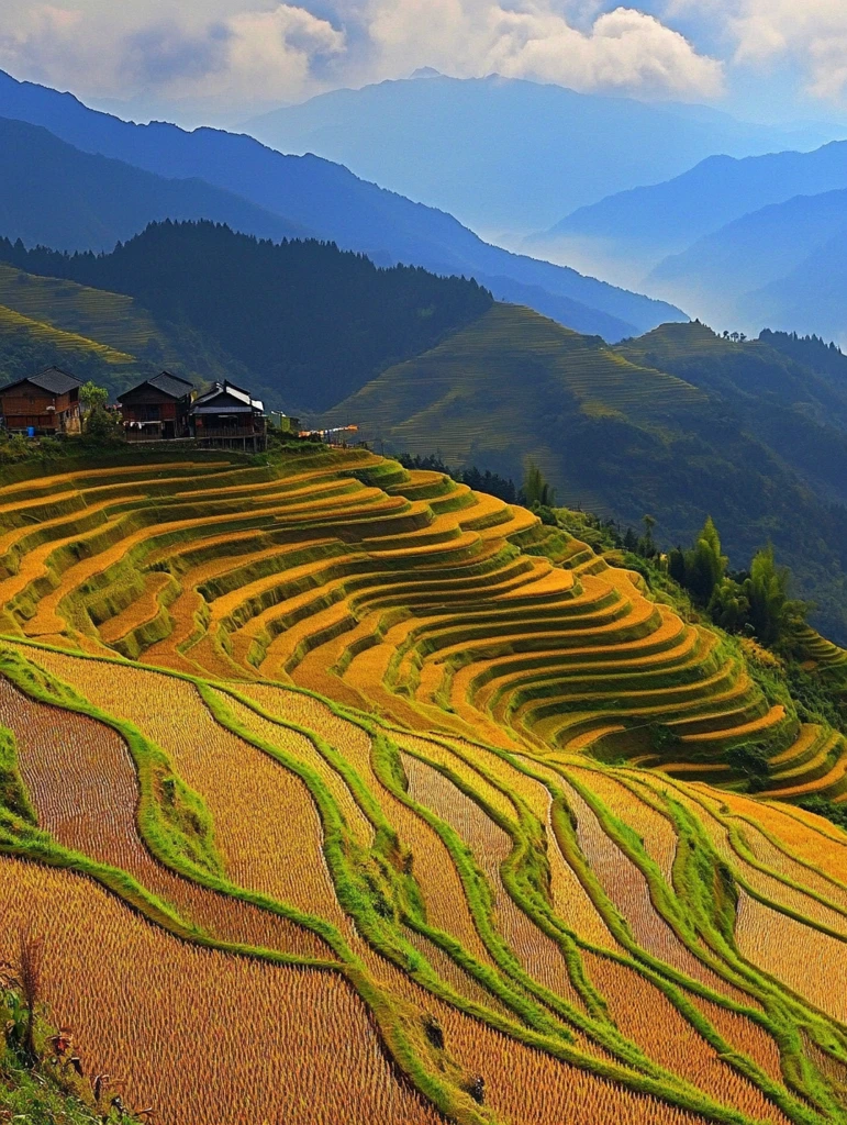 金秋稻田层叠景