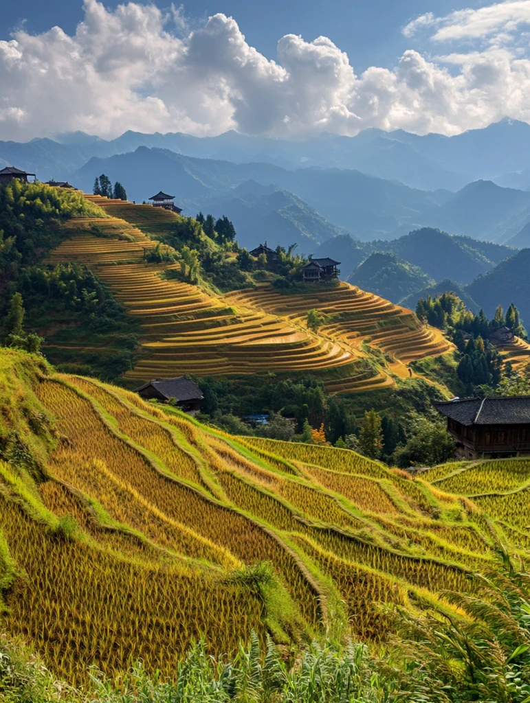 金秋稻田层叠景