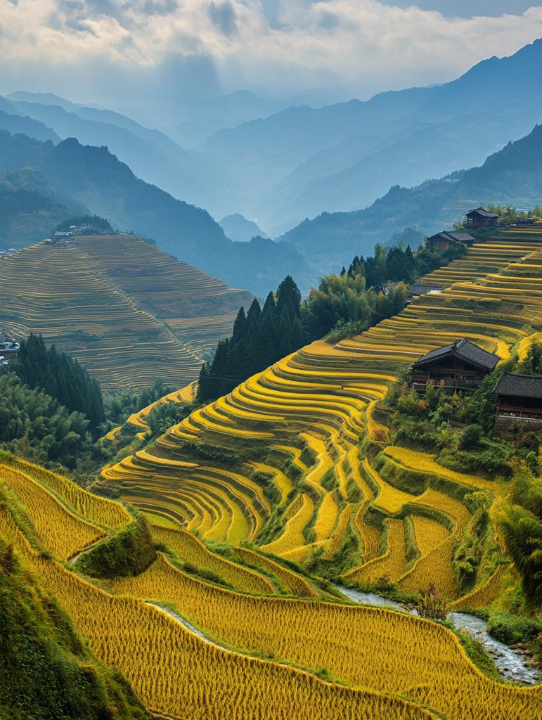 金秋稻田层叠景