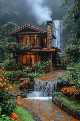 别墅瀑布花园日出