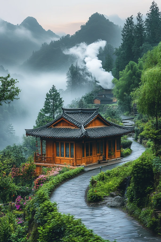 别墅瀑布花园日出