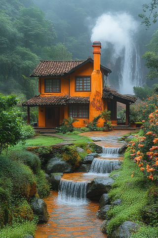 别墅瀑布花园日出