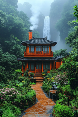 别墅瀑布花园日出