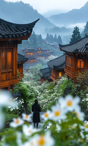 山间木屋夜雨图