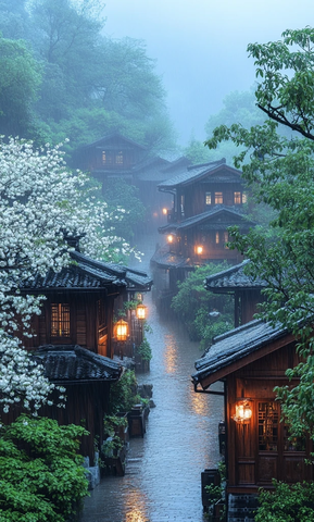 山间木屋夜雨图