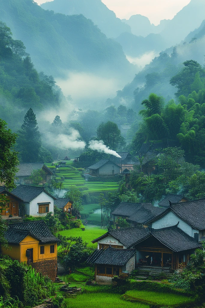 稻田环绕山村景