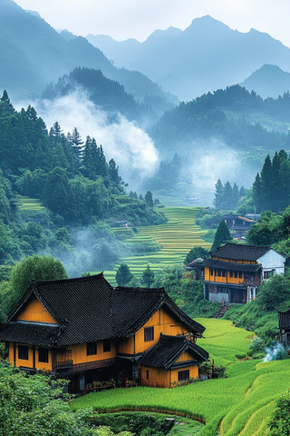 稻田环绕山村景