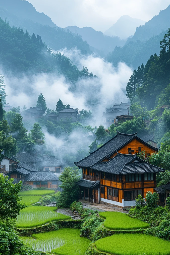 稻田环绕山村景