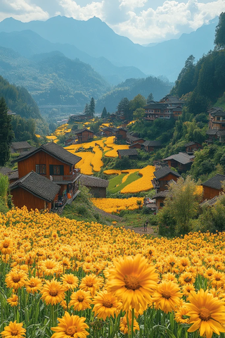 金色稻田与油菜花