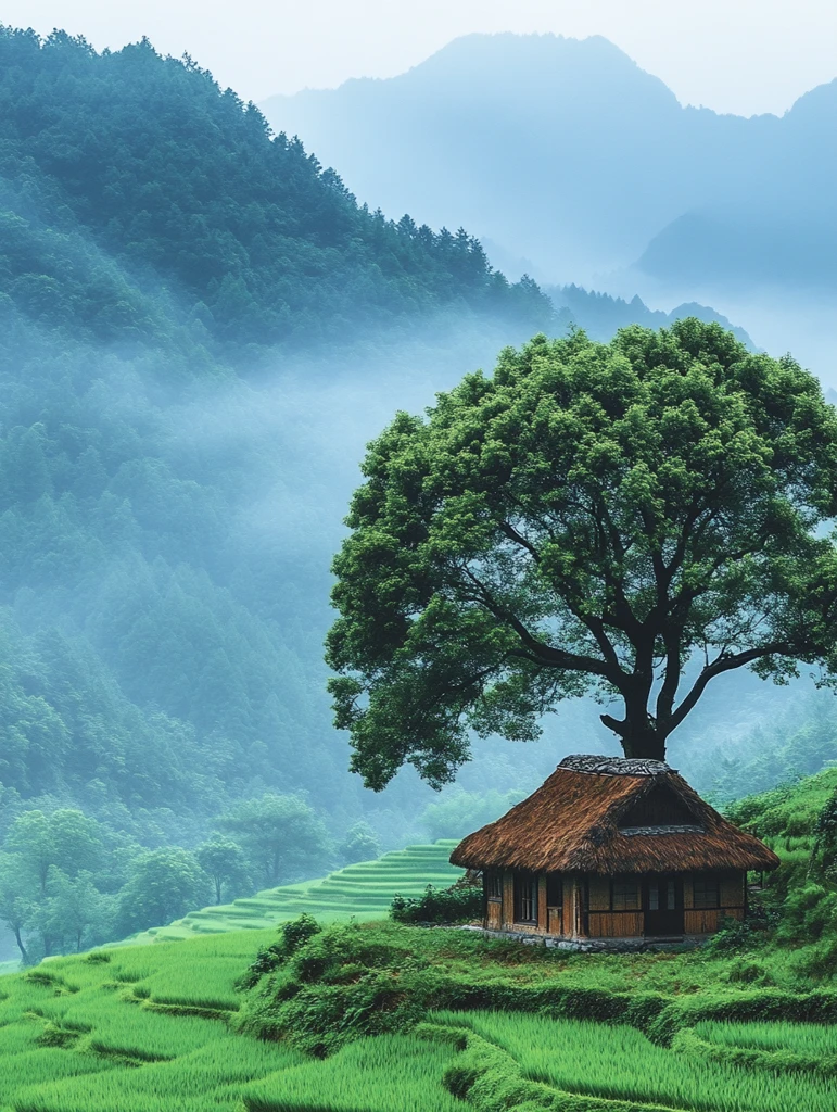 稻田茅屋山水