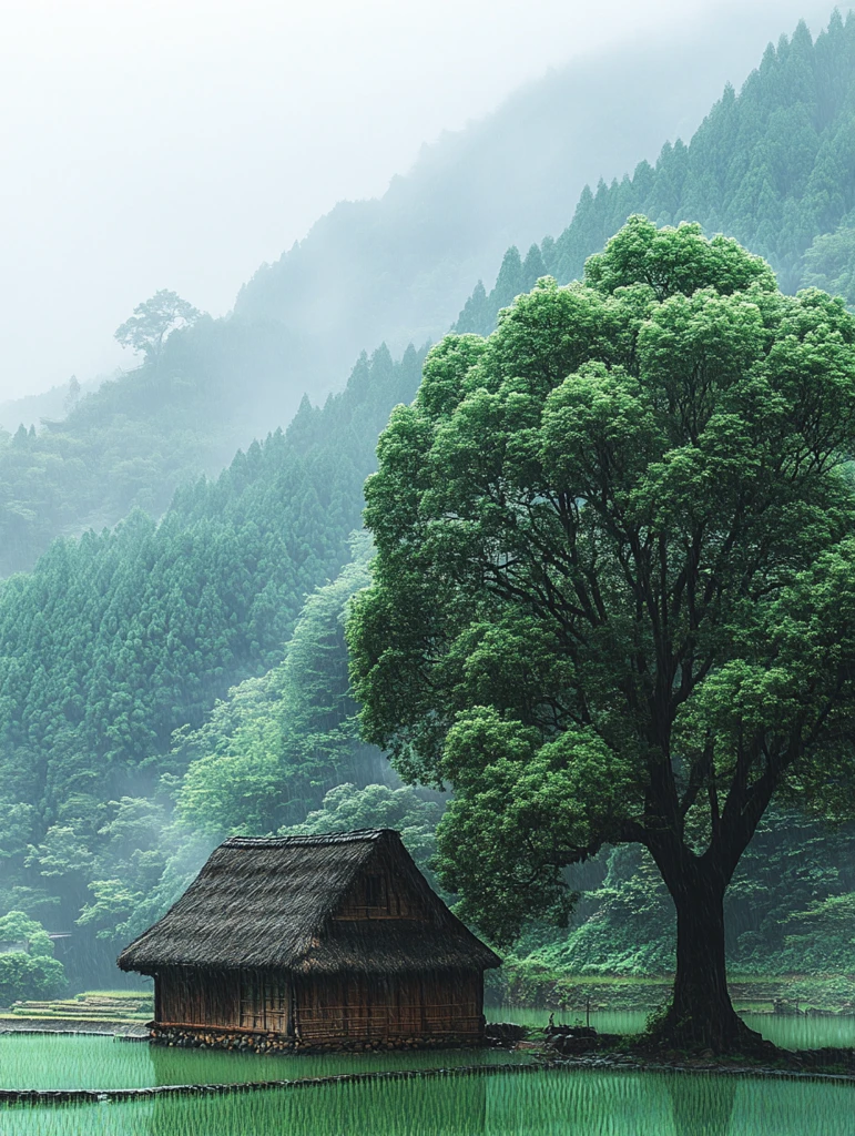 稻田茅屋山水