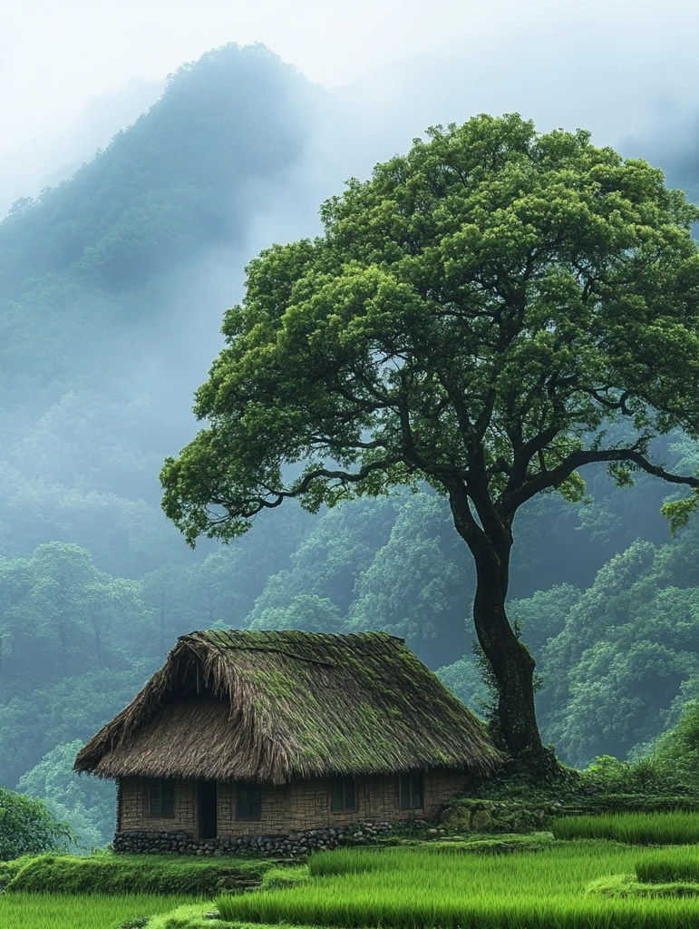 稻田茅屋山水