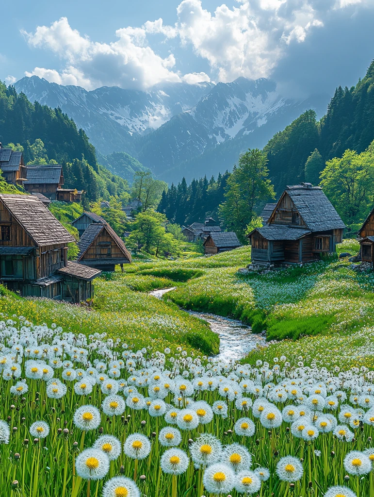 蓝天白云绿山木屋